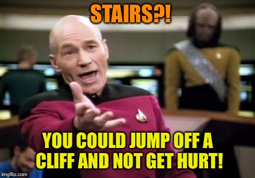 Picard Wtf Meme | STAIRS?! YOU COULD JUMP OFF A CLIFF AND NOT GET HURT! | image tagged in memes,picard wtf | made w/ Imgflip meme maker