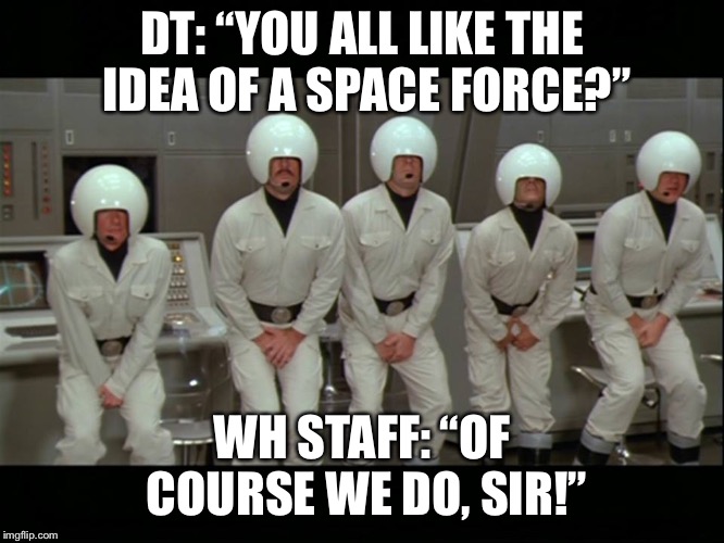 SpaceBalls | DT: “YOU ALL LIKE THE IDEA OF A SPACE FORCE?”; WH STAFF: “OF COURSE WE DO, SIR!” | image tagged in spaceballs | made w/ Imgflip meme maker