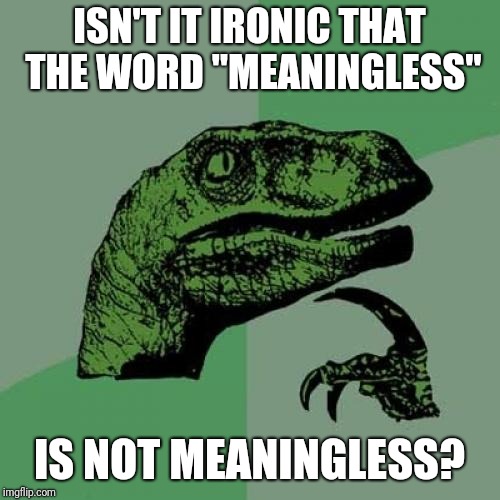 Philosoraptor | ISN'T IT IRONIC THAT THE WORD "MEANINGLESS"; IS NOT MEANINGLESS? | image tagged in memes,philosoraptor | made w/ Imgflip meme maker