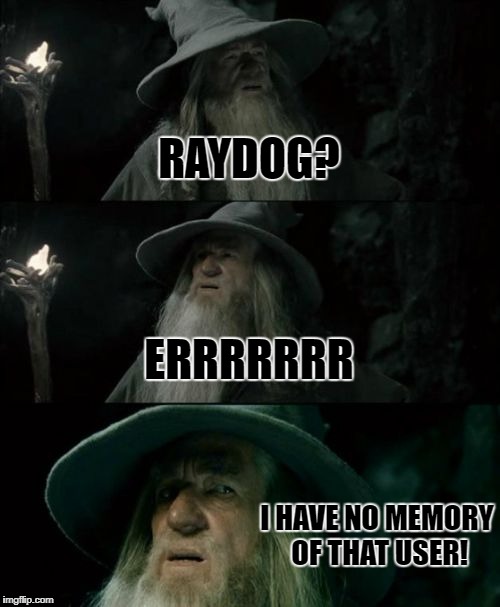 Lest we forget.... | RAYDOG? ERRRRRRR; I HAVE NO MEMORY OF THAT USER! | image tagged in memes,confused gandalf,raydog | made w/ Imgflip meme maker