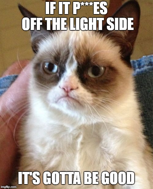 Grumpy Cat Meme | IF IT P***ES OFF THE LIGHT SIDE IT'S GOTTA BE GOOD | image tagged in memes,grumpy cat | made w/ Imgflip meme maker