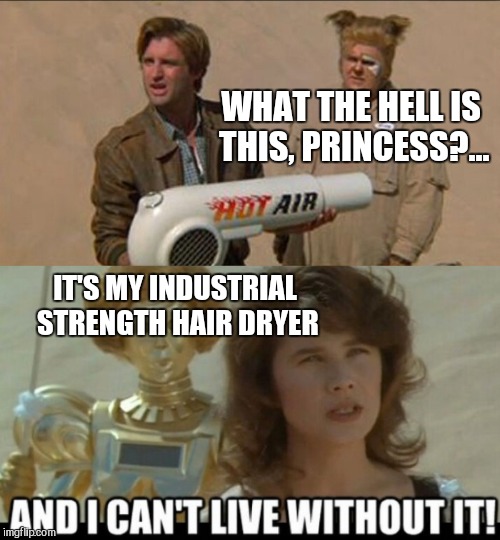 WHAT THE HELL IS THIS, PRINCESS?... IT'S MY INDUSTRIAL STRENGTH HAIR DRYER | made w/ Imgflip meme maker