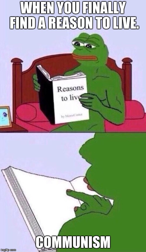 a meme. | WHEN YOU FINALLY FIND A REASON TO LIVE. COMMUNISM | image tagged in reasons to live pepe the frog | made w/ Imgflip meme maker
