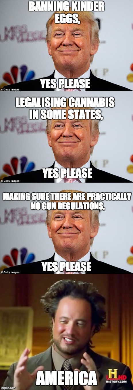America Says Yes Please to Bad Things | BANNING KINDER EGGS, YES PLEASE; LEGALISING CANNABIS IN SOME STATES, YES PLEASE; MAKING SURE THERE ARE PRACTICALLY NO GUN REGULATIONS, YES PLEASE; AMERICA | image tagged in donald trump,banning,legalising,gun control | made w/ Imgflip meme maker