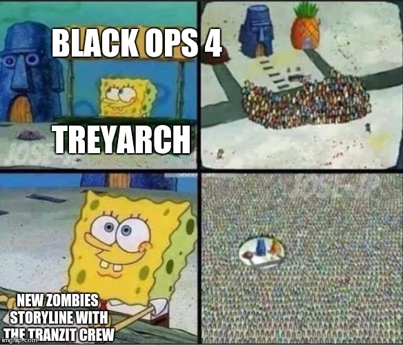 to all the COD Zombies fan boys out there Call Of Duty week (March 20th-27th) | BLACK OPS 4; TREYARCH; NEW ZOMBIES STORYLINE WITH THE TRANZIT CREW | image tagged in spongebob hype stand,call of duty,call of duty week | made w/ Imgflip meme maker