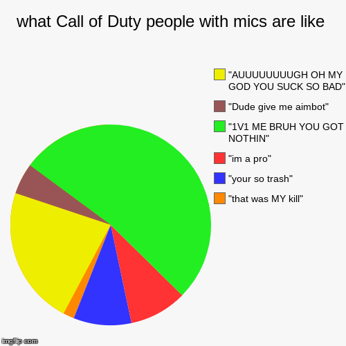  People with mics be like. Call of duty week (March 20th-27th)
 | what Call of Duty people with mics are like | "that was MY kill", "your so trash", "im a pro", "1V1 ME BRUH YOU GOT NOTHIN", "Dude give me a | image tagged in funny,pie charts,call of duty | made w/ Imgflip chart maker