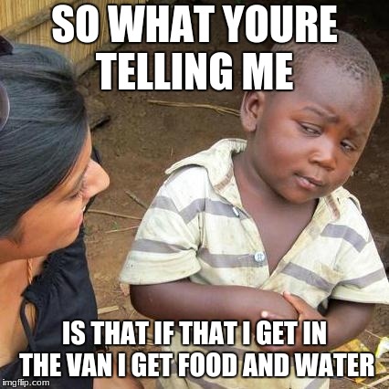 Third World Skeptical Kid | SO WHAT YOURE TELLING ME; IS THAT IF THAT I GET IN THE VAN I GET FOOD AND WATER | image tagged in memes,third world skeptical kid | made w/ Imgflip meme maker