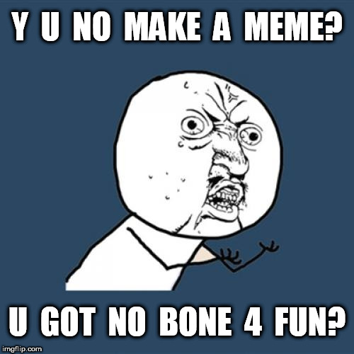 Y U NO MAKE A MEME? | Y  U  NO  MAKE  A  MEME? U  GOT  NO  BONE  4  FUN? | image tagged in memes,y u no,bone,fun | made w/ Imgflip meme maker