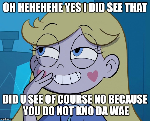 Star Butterfly | OH HEHEHEHE YES I DID SEE THAT; DID U SEE OF COURSE NO BECAUSE YOU DO NOT KNO DA WAE | image tagged in star butterfly | made w/ Imgflip meme maker