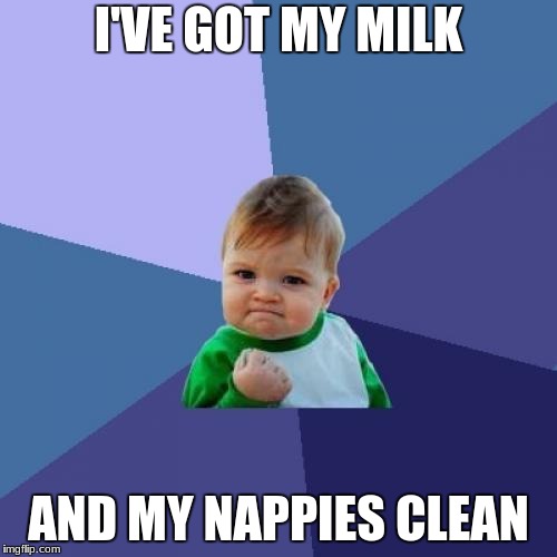 Success Kid Meme | I'VE GOT MY MILK; AND MY NAPPIES CLEAN | image tagged in memes,success kid | made w/ Imgflip meme maker