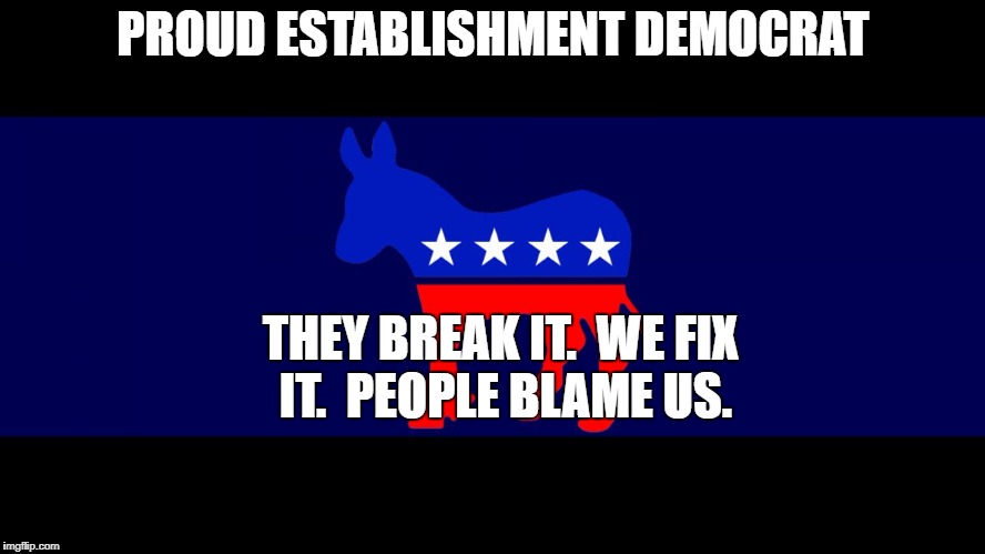 Democrat Meme | PROUD ESTABLISHMENT DEMOCRAT; THEY BREAK IT.  WE FIX IT.  PEOPLE BLAME US. | image tagged in democrat meme | made w/ Imgflip meme maker