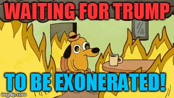 Trumpies | WAITING FOR TRUMP; TO BE EXONERATED! | image tagged in dog burning house,donald trump,republicans | made w/ Imgflip meme maker