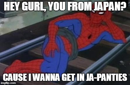 Sexy Railroad Spiderman Meme | HEY GURL, YOU FROM JAPAN? CAUSE I WANNA GET IN JA-PANTIES | image tagged in memes,sexy railroad spiderman,spiderman | made w/ Imgflip meme maker