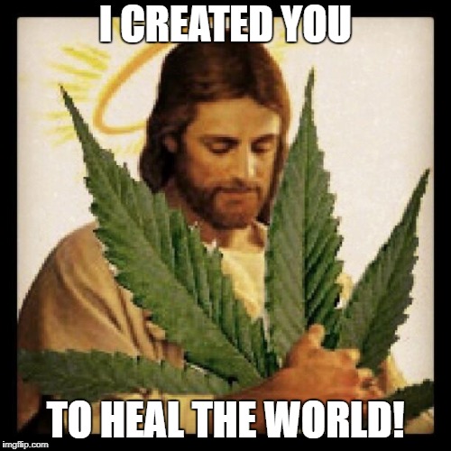 Weed Jesus |  I CREATED YOU; TO HEAL THE WORLD! | image tagged in weed jesus | made w/ Imgflip meme maker