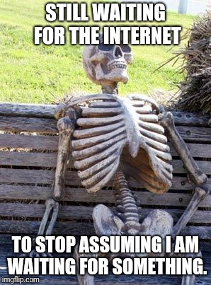 Waiting Skeleton | STILL WAITING FOR THE INTERNET; TO STOP ASSUMING I AM WAITING FOR SOMETHING. | image tagged in memes,waiting skeleton | made w/ Imgflip meme maker