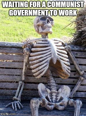 Waiting Skeleton | WAITING FOR A COMMUNIST GOVERNMENT TO WORK | image tagged in memes,waiting skeleton | made w/ Imgflip meme maker