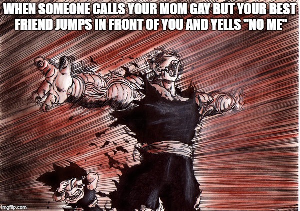 WHEN SOMEONE CALLS YOUR MOM GAY BUT YOUR BEST FRIEND JUMPS IN FRONT OF YOU AND YELLS "NO ME" | image tagged in no u,dragon ball | made w/ Imgflip meme maker