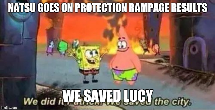 Before Fairy Tale got dibannded | NATSU GOES ON PROTECTION RAMPAGE RESULTS; WE SAVED LUCY | image tagged in y u do dis | made w/ Imgflip meme maker