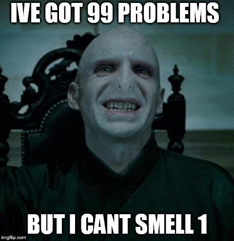 voldemort smiling | IVE GOT 99 PROBLEMS; BUT I CANT SMELL 1 | image tagged in voldemort smiling | made w/ Imgflip meme maker