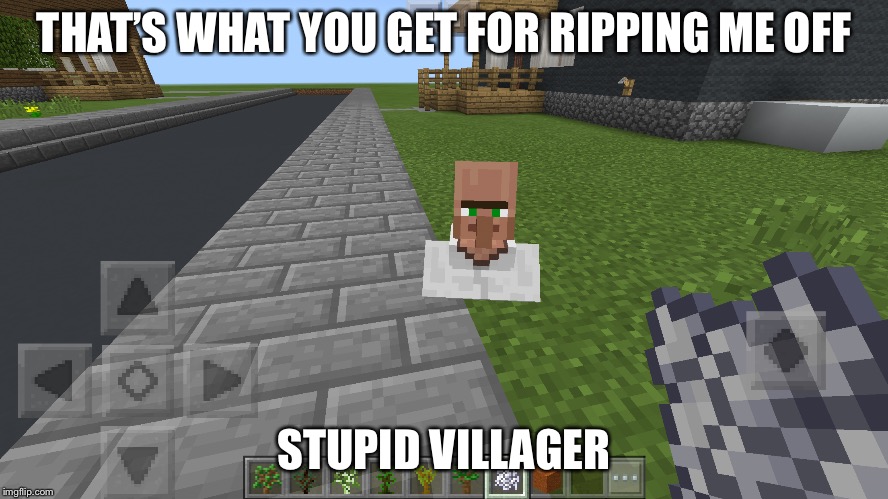 Minecraft Villager | THAT’S WHAT YOU GET FOR RIPPING ME OFF; STUPID VILLAGER | image tagged in minecraft,villager,glitch,computers/electronics | made w/ Imgflip meme maker