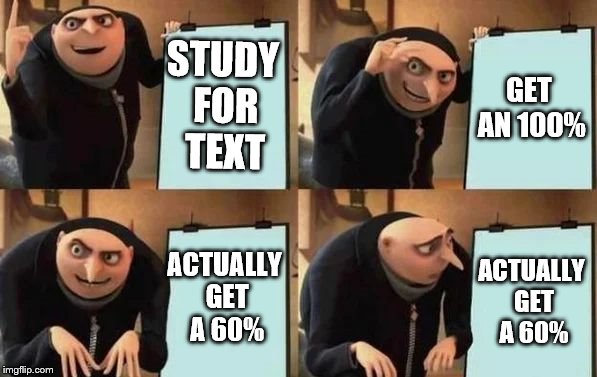 Gru's Plan Meme | STUDY FOR TEXT; GET AN 100%; ACTUALLY GET A 60%; ACTUALLY GET A 60% | image tagged in gru's plan | made w/ Imgflip meme maker