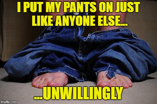 No mas pantalones | I PUT MY PANTS ON JUST LIKE ANYONE ELSE... ...UNWILLINGLY | image tagged in pants on floor | made w/ Imgflip meme maker