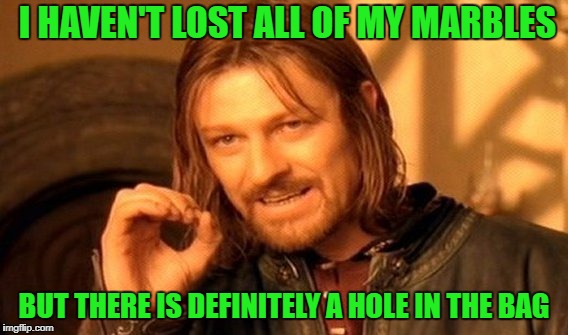 One Does Not Simply Lose Marbles | I HAVEN'T LOST ALL OF MY MARBLES; BUT THERE IS DEFINITELY A HOLE IN THE BAG | image tagged in memes,one does not simply | made w/ Imgflip meme maker