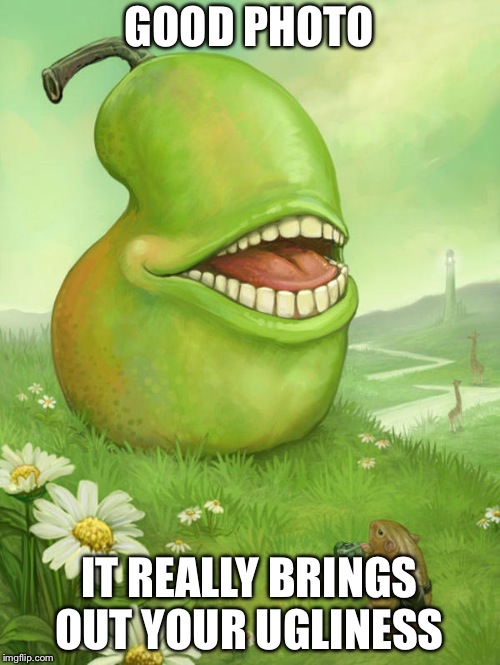 Lol wut pear | GOOD PHOTO; IT REALLY BRINGS OUT YOUR UGLINESS | image tagged in lol wut pear | made w/ Imgflip meme maker