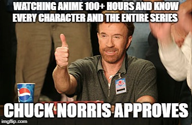 Chuck Norris Approves Meme | WATCHING ANIME 100+ HOURS AND KNOW EVERY CHARACTER AND THE ENTIRE SERIES; CHUCK NORRIS APPROVES | image tagged in memes,chuck norris approves,chuck norris | made w/ Imgflip meme maker