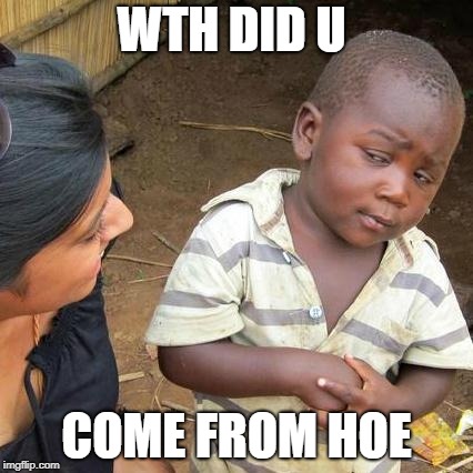 Third World Skeptical Kid Meme | WTH DID U; COME FROM HOE | image tagged in memes,third world skeptical kid | made w/ Imgflip meme maker