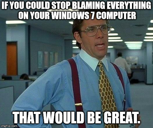 Say no to Windows 10. | IF YOU COULD STOP BLAMING EVERYTHING ON YOUR WINDOWS 7 COMPUTER; THAT WOULD BE GREAT. | image tagged in memes,that would be great | made w/ Imgflip meme maker