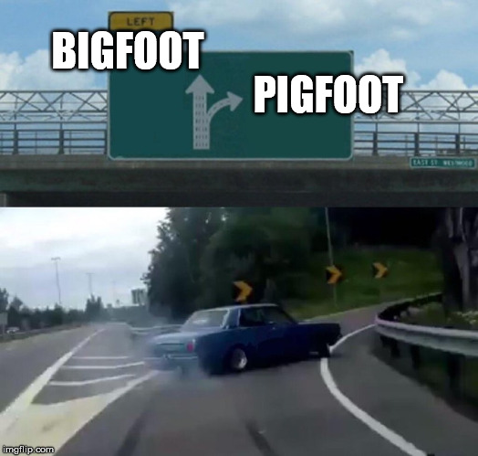 Left Exit 12 Off Ramp | PIGFOOT; BIGFOOT | image tagged in memes,left exit 12 off ramp | made w/ Imgflip meme maker