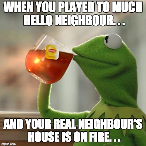 But That's None Of My Business Meme | WHEN YOU PLAYED TO MUCH HELLO NEIGHBOUR. . . AND YOUR REAL NEIGHBOUR'S HOUSE IS ON FIRE. . . | image tagged in memes,but thats none of my business,kermit the frog | made w/ Imgflip meme maker