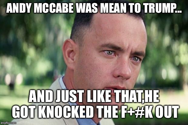 He Got Knocked Out! | ANDY MCCABE WAS MEAN TO TRUMP... AND JUST LIKE THAT,HE GOT KNOCKED THE F+#K OUT | image tagged in forrest gump | made w/ Imgflip meme maker
