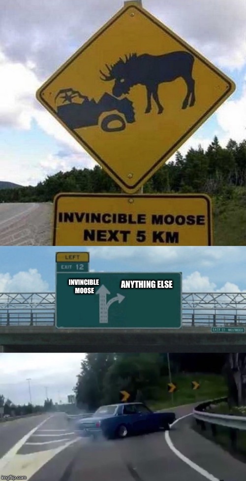 Extremely dangerous | ANYTHING ELSE; INVINCIBLE MOOSE | image tagged in left exit 12 off ramp,sign,moose | made w/ Imgflip meme maker