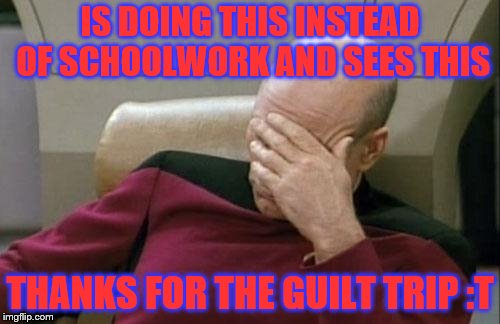 Captain Picard Facepalm Meme | IS DOING THIS INSTEAD OF SCHOOLWORK AND SEES THIS THANKS FOR THE GUILT TRIP :T | image tagged in memes,captain picard facepalm | made w/ Imgflip meme maker