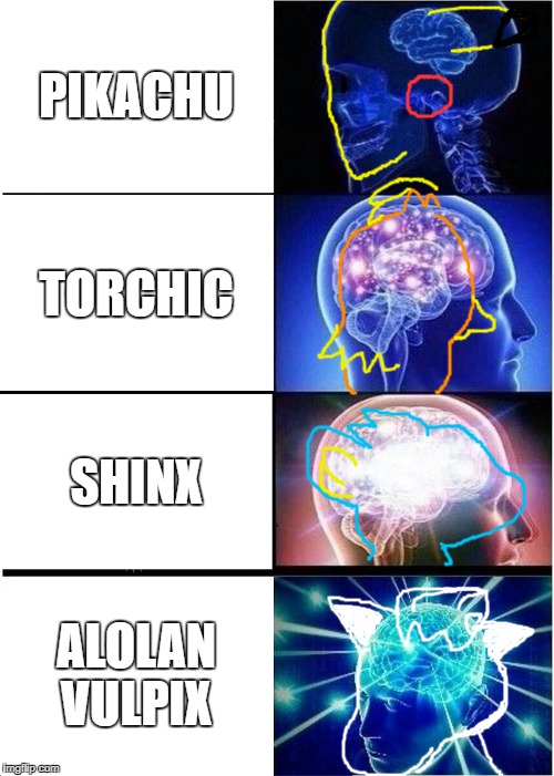 Pikachu is stupid and ugly | PIKACHU; TORCHIC; SHINX; ALOLAN VULPIX | image tagged in memes,expanding brain | made w/ Imgflip meme maker