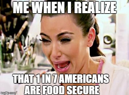 Kim Kardashian | ME WHEN I REALIZE; THAT 1 IN 7 AMERICANS ARE FOOD SECURE | image tagged in kim kardashian | made w/ Imgflip meme maker