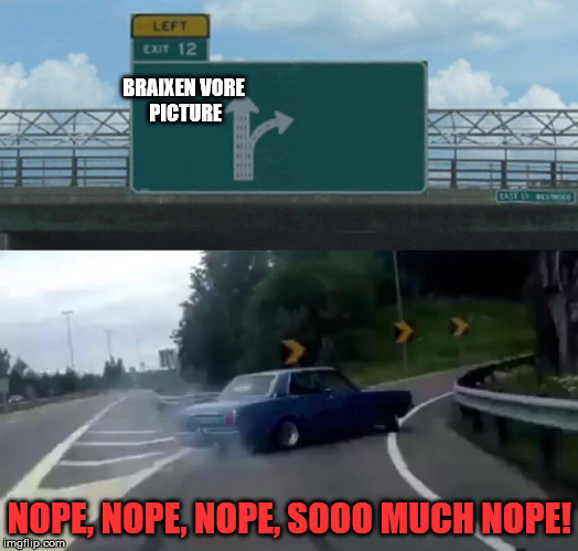 Left Exit 12 Off Ramp Meme | BRAIXEN VORE PICTURE NOPE, NOPE, NOPE, SOOO MUCH NOPE! | image tagged in memes,left exit 12 off ramp | made w/ Imgflip meme maker