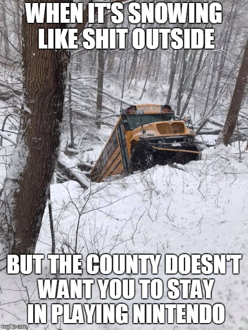 Snow day for kids | WHEN IT'S SNOWING LIKE SHIT OUTSIDE; BUT THE COUNTY DOESN'T WANT YOU TO STAY IN PLAYING NINTENDO | image tagged in snow day,kids,nintendo,school,memes,funny | made w/ Imgflip meme maker
