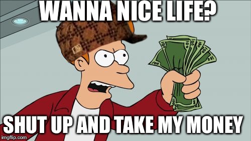 Shut Up And Take My Money Fry | WANNA NICE LIFE? SHUT UP AND TAKE MY MONEY | image tagged in memes,shut up and take my money fry,scumbag | made w/ Imgflip meme maker