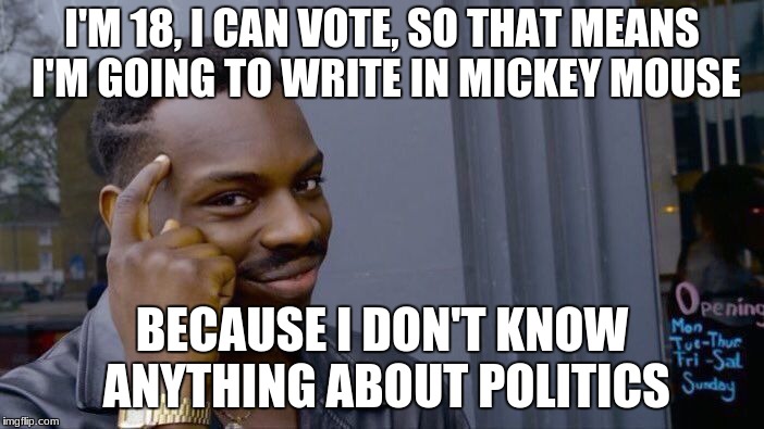 Roll Safe Think About It Meme | I'M 18, I CAN VOTE, SO THAT MEANS I'M GOING TO WRITE IN MICKEY MOUSE; BECAUSE I DON'T KNOW ANYTHING ABOUT POLITICS | image tagged in memes,roll safe think about it | made w/ Imgflip meme maker