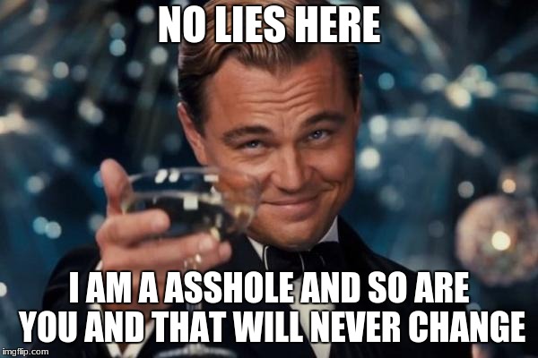 Leonardo Dicaprio Cheers Meme | NO LIES HERE; I AM A ASSHOLE AND SO ARE YOU AND THAT WILL NEVER CHANGE | image tagged in memes,leonardo dicaprio cheers | made w/ Imgflip meme maker