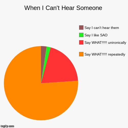 When I Can't Hear Someone | Say WHAT!!!!! repeatedly , Say WHAT!!!!! unironically  , Say I like SAO, Say I can't hear them | image tagged in funny,pie charts | made w/ Imgflip chart maker