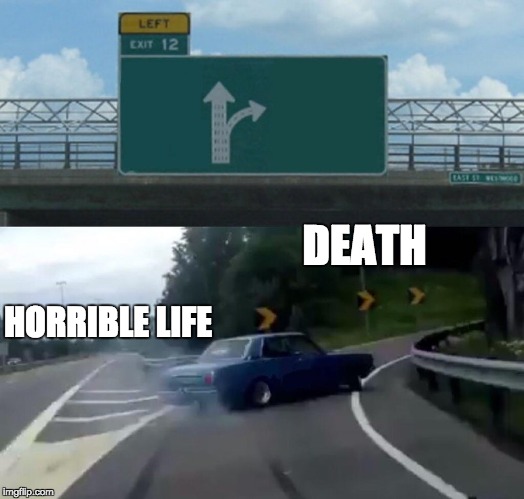 Left Exit 12 Off Ramp Meme | DEATH; HORRIBLE LIFE | image tagged in memes,left exit 12 off ramp | made w/ Imgflip meme maker