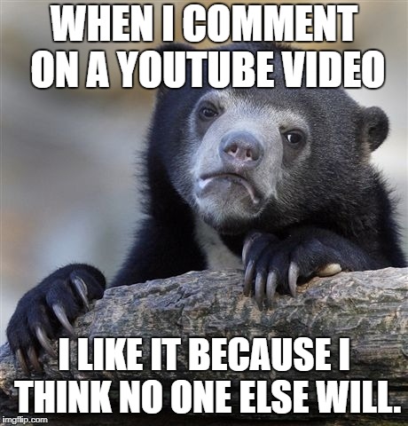 Confession Bear | WHEN I COMMENT ON A YOUTUBE VIDEO; I LIKE IT BECAUSE I THINK NO ONE ELSE WILL. | image tagged in memes,confession bear | made w/ Imgflip meme maker
