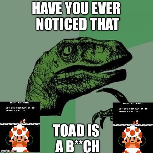 Philosoraptor | HAVE YOU EVER NOTICED THAT; TOAD IS A B**CH | image tagged in memes,philosoraptor | made w/ Imgflip meme maker