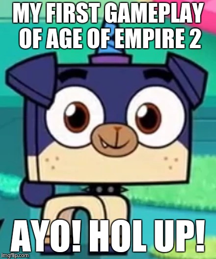 My first gameplay of Age Of Empire 2, AYO! HOL UP! | MY FIRST GAMEPLAY OF AGE OF EMPIRE 2; AYO! HOL UP! | image tagged in puppycorn | made w/ Imgflip meme maker