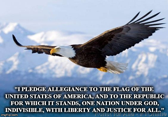 "I PLEDGE ALLEGIANCE TO THE FLAG OF THE UNITED STATES OF AMERICA, AND TO THE REPUBLIC FOR WHICH IT STANDS, ONE NATION UNDER GOD, INDIVISIBLE, WITH LIBERTY AND JUSTICE FOR ALL." | image tagged in eagle2 | made w/ Imgflip meme maker