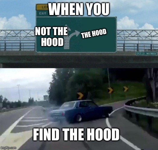 Left Exit 12 Off Ramp | WHEN YOU; NOT THE HOOD; THE HOOD; FIND THE HOOD | image tagged in memes,left exit 12 off ramp | made w/ Imgflip meme maker